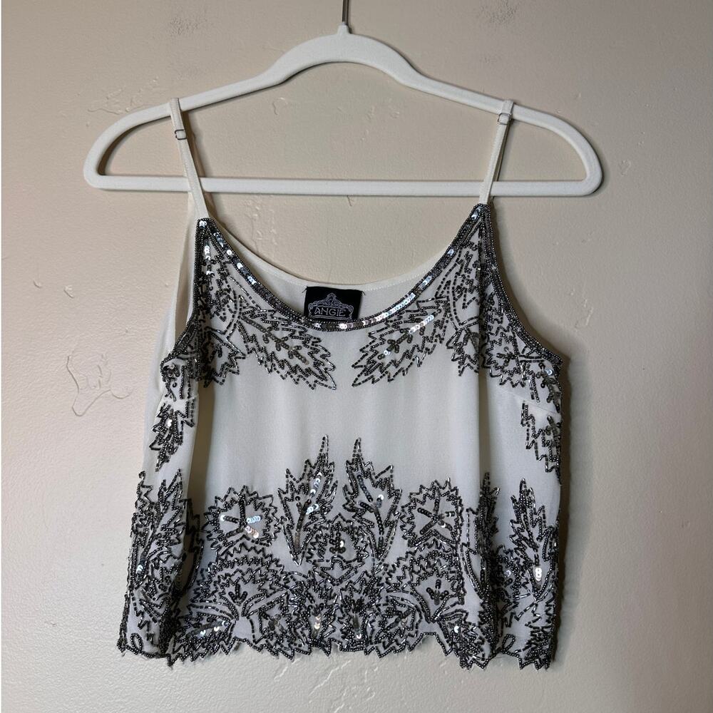 VIntage Angie Silver Beaded Off White Tank Blouse XS